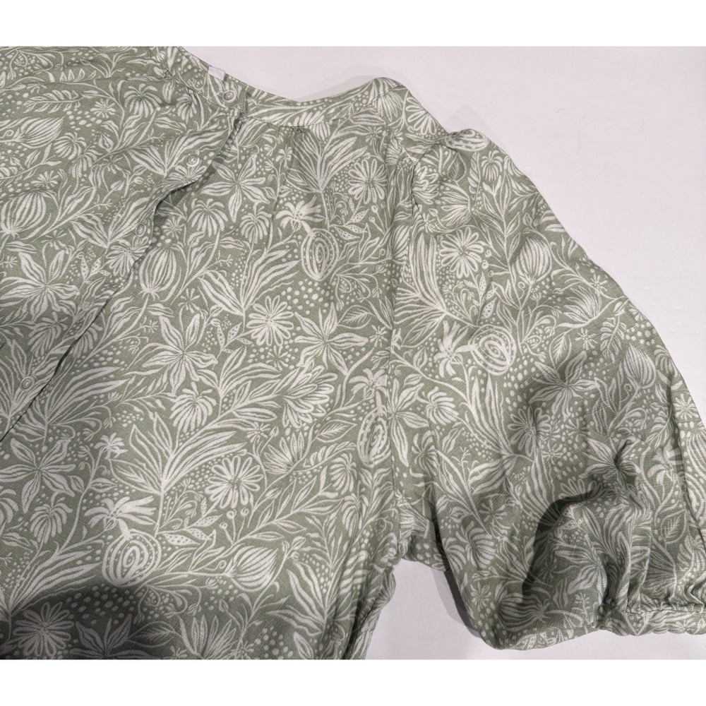 Jane + Delaney Womens 1X Sage Green Floral Linen Blend Short Puff Sleeve Top